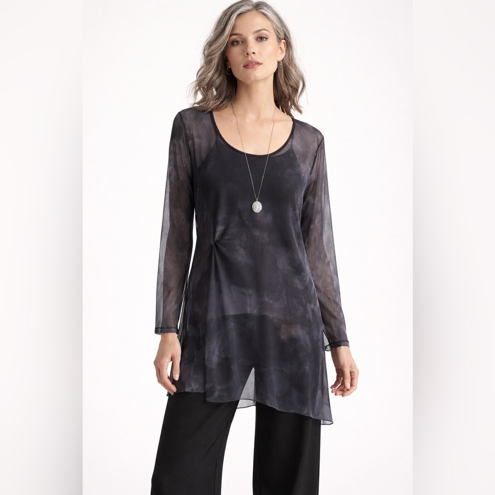 Sympli Womens Tunic Top Sz 10 Gray Tie Dye Mesh Asymmetric Sheer Lagenlook Shirt